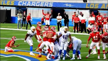  ?? KEITH BIRMINGHAM/THE ORANGE COUNTY REGISTER VIA AP ?? Kicker Harrison Butker, 7, of the Kansas City Chiefs kicks the winning field goal in overtime as the Kansas City Chiefs defeated the Los Angeles Chargers 23-20 during an NFL football game at SoFi Stadium in Inglewood, Calif., on Sunday.