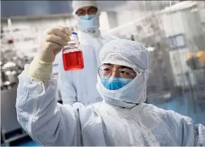  ??  ?? an engineer looks at monkey kidney cells he is testing with an experiment­al vaccine for the SaRS-CoV-2 virus – one of five approved for clinical trials in China. — aFP