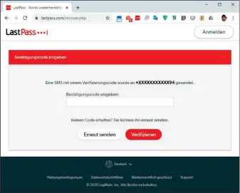  ??  ?? Letzte Rettung, wenn Sie Ihr Masterpass­wort vergessen haben: Der Zero-knowledge-dienst Lastpass sendet einen Notfallcod­e per SMS, mit dem Sie Ihre Daten auf Ihrem PC retten können.