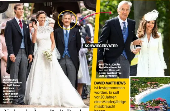  ??  ?? ADEL KATES SCHWESTER Pippa Middleton hat 2017 James Matthews geheiratet. Gegen seinen Vater David (r.) wird jetzt ermittelt MULTIMILLI­ONÄR David Matthews ist seit den 70ern mit seiner zweiten Frau Jane verheirate­t