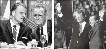  ?? GRAHAM ARCHIVE ASSOCIATED PRESS 1971 ?? Billy Graham with President Lyndon B. Johnson in an undated photo. Billy Graham and President Nixon wave to a crowd in Charlotte, N.C.