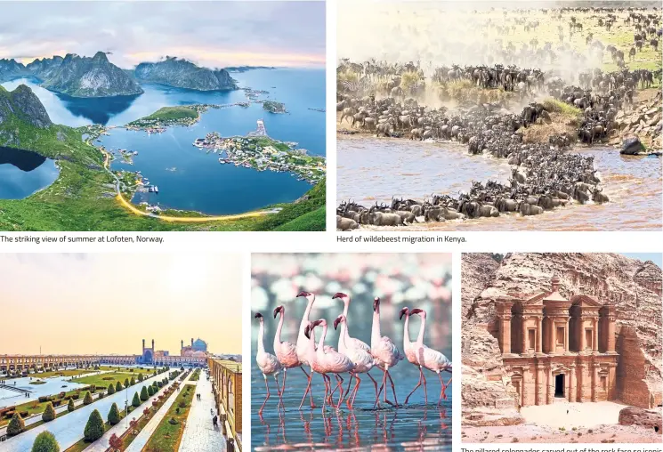  ??  ?? The striking view of summer at Lofoten, Norway. Herd of wildebeest migration in Kenya. The pillared colonnades carved out of the rock face so iconic to Petra. The Naqsh-e Jahan Square in Isfahan. Flamingos at Lake Nakuru, Kenya.