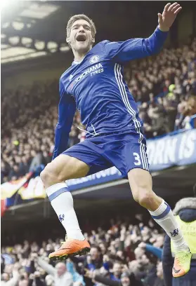  ?? Picture: EPA ?? WALKING ON AIR. Chelsea’s Marcos Alonso celebrates after scoring against Arsenal at Stamford Bridge on Saturday.