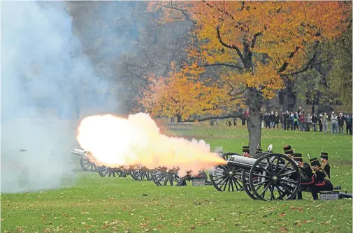 ??  ?? HONOUR: The King’s Troop Royal Horse Artillery take part in a 41-gun salute to mark the 69th birthday of Prince Charles in London yesterday