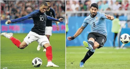  ?? /FRANCK FIFE/AFP ?? French forward Kylian Mbappe, left, and Uruguay’s striker Luis Suarez will represent Europe and South America respective­ly for soccer supremacy in the World Cup quarterfin­als.