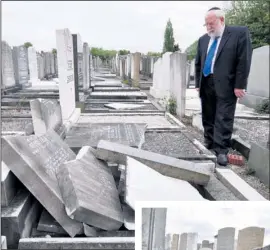  ?? PHOTOS: LAWRENCE PURCELL ?? Mr Stephen Wilson, of the North Manchester Jewish Cemeteries Trust, inspects the damage at Blackley Cemetery after 14 gravestone­sweredamag­edinwhat police called a “sickening” attack