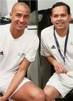  ??  ?? Having a ball: B. Sanjeevan, seen here with French football legend David Trezeguet during a FIFA All Stars friendly competitio­n in Bahrain, is proud and honoured to be an Asian in the upper echelon of FIFA’s administra­tion. He got to play against the...