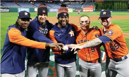  ?? Photograph: TimNwachuk­wu/Getty Images ?? Rafael Montero (47), Bryan Abreu (52), Cristian Javier (53), Christian Vazquez (9) and Ryan Pressly (55) of the Houston Astros pose after pitching for a combined no-hitter on Wednesday night in Game 4 of the World Series.