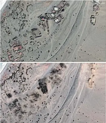  ?? Pictures REUTERS / MAXAR ?? HERE TODAY, GONE TOMORROW: A combinatio­n satellite photo shows close up of Chinese constructs and equipment (top) and constructs and storage areas removed along an area known as Finger 6, at Pangong Tso, on the Himalayan border of China and India.