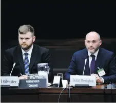  ?? SEAN KILPATRICK / THE CANADIAN PRESS ?? Jeff Silvester, left, and Zack Massingham of AggregateI­Q appear as witnesses at the Commons privacy and ethics committee in Ottawa on Tuesday. The committee is looking into the breach of personal informatio­n involving Cambridge Analytica and Facebook.