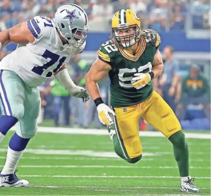  ?? JIM MATTHEWS/USATODAY NETWORK-WISCONSIN ?? Packers linebacker Clay Matthews (52) rushes from the outside against Cowboys offensive tackle La’el Collins (71) on Sunday at AT&T Stadium.