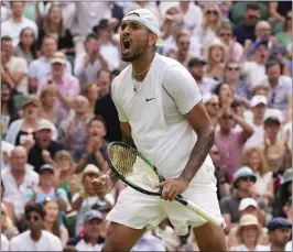  ?? ALBERTO PEZZALI — THE ASSOCIATED PRESS ?? Nick Kyrgios celebrates winning a point against Brandon Nakashima at Wimbledon.