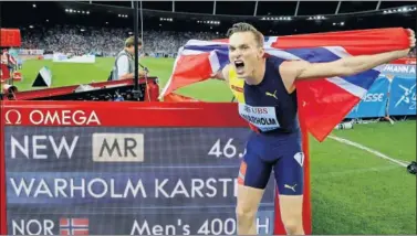  ??  ?? GESTA. El noruego Karsten Warholm hizo 46.92 en 400 vallas, segundo mejor tiempo de la historia.