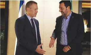  ?? (Ammar Awad/Reuters) ?? ITALIAN DEPUTY PRIME MINISTER and right-wing League party leader Matteo Salvini meets with Public Security Minister Gilad Erdan during a news conference in Jerusalem yesterday.