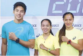  ??  ?? The athletes to watch: Asics brand ambassador­s Jesson Cid, Mary Joy Tabal, and Kath Kay Santos, who gave a winning performanc­e in the recent SEA Games