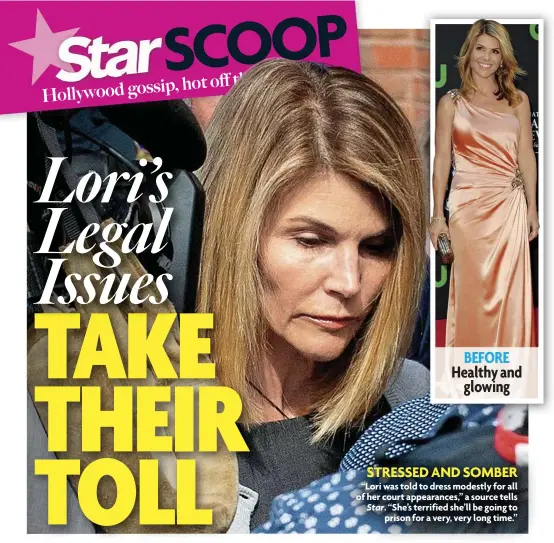  ??  ?? STRESSED AND SOMBER “Lori was told to dress modestly for all of her court appearance­s,” a source tells Star. “She’s terrified she’ll be going to prison for a very, very long time.”