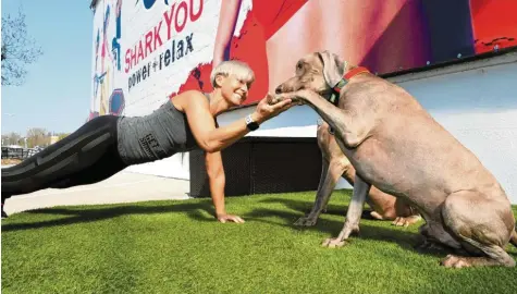  ?? Foto: Silvio Wyszengrad ?? Warum nicht mal Liegestütz­e mit dem Hund? Sarka von Stetten vom Fitnessstu­dio Sharkyou legt ihren Kunden ein Gute-laune-training mit dem Hund ans Herz. Ab Mitte kommender Woche will sie online eine Anleitung dazu anbieten.