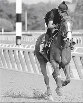  ?? AP/JULIE JACOBSON ?? Justify, who is the 4-5 early-morning favorite in today’s Belmont Stakes, gallops around the main track during a workout at Belmont Park on Friday in Elmont, N.Y. Justify will attempt to become the 13th Triple Crown winner when he races in the 150th...