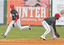  ?? STAFF PHOTO BY ERIN O. SMITH ?? Chattanoog­a Lookouts second baseman Sean Miller, left, backs up shortstop Nick Gordon as he fields a grounder during a game against the Birmingham Barons on Sunday at AT&T Field. The Barons swept the afternoon doublehead­er, 4-0 and 4-2, to clinch a...