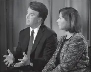  ?? AP/JACQUELYN MARTIN ?? Brett Kavanaugh, with his wife Ashley Estes Kavanaugh, answers questions during a FOX News interview, on Monday in Washington, about allegation­s of sexual misconduct against the Supreme Court nominee.