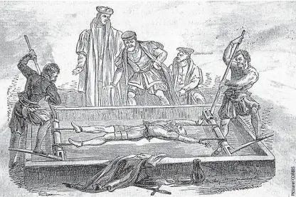  ??  ?? A medieval form of torture: The unfortunat­e Cuthbert Simpson is pictured on the rack in 1581 in London