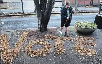  ?? CHRIS PIETSCH THE ASSOCIATED PRESS ?? Tim Boyden uses the loose fall leaves in front of his business Out On A Limb Gallery in Eugene, Ore., to encourage people passing by to vote in the midterm election.