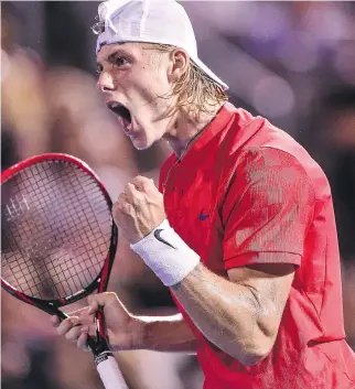  ?? MINAS PANAGIOTAK­IS/GETTY IMAGES ?? Denis Shapovalov of Canada was fired up during his match against Rafael Nadal at the Rogers Cup at Uniprix Stadium in Montreal Thursday, a match he won in thrilling fashion.