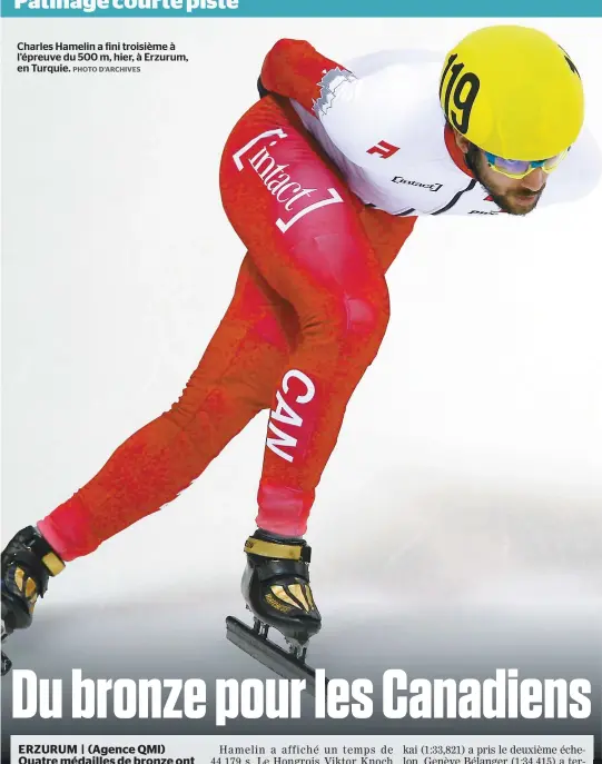  ??  ?? Charles Hamelin a fini troisième à l’épreuve du 500 m, hier, à Erzurum, en Turquie.