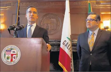  ?? Francine Orr Los Angeles Times ?? MAYOR Eric Garcetti, at left in 2016, and City Council leaders questioned the reliabilit­y of a report in which then-City Administra­tive Officer Miguel Santana, right, noted flaws in the deferred retirement program.