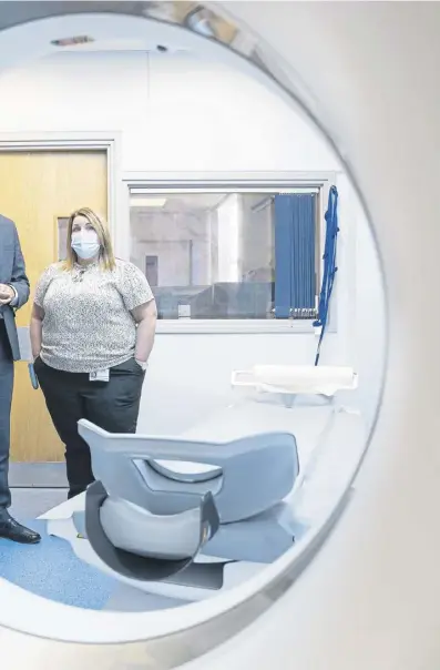  ?? ?? ↑ Humza Yousaf with Clinical Service Manager Jane Anderson in the CT suite during a visit to the Rapid Cancer Diagnostic Service at the Victoria Hospital in Kirkcaldy