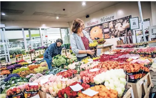  ?? RP-FOTO: ANDREAS ENDERMANN ?? Der Blumengroß­markt – hier Veronika Hoppe-Naundorf (vorn) und Tanja Vogel – ist als Genossensc­haft organisier­t.