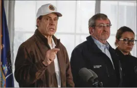  ?? JOHN MINCHILLO—ASSOCIATED PRESS ?? New York Governor Andrew Cuomo speaks during a news conference at a COVID-19 coronaviru­s infection testing facility at Glen Island Park, Friday, March 13, 2020, in New Rochelle, N.Y.