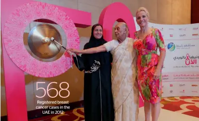  ?? —Photos by Leslie Pableo ?? Shaikha Lubna with Dr Zulekha Daud and Dr Pamela Munster as they inaugurate Zulekha Hospital’s 5th year of Breast Cancer Awareness Campaign, Pink it Now, at Conrad Hotel, Dubai, on Monday.