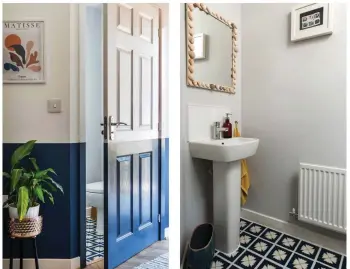  ?? ?? Tone down strong, dark colours with white; the couple painted the hallway walls and doors halfheight in navy and the rest in white to keep it feeling light and bright