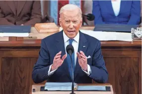  ?? JIM LO SCALZO/AP FILE ?? A year ago, President Joe Biden used his first State of the Union address to push top Democratic priorities that were sure to face a battle in the narrowly divided Congress but he also laid out a four-pronged “unity agenda” that would be an easier sell.