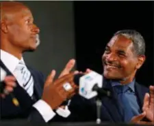  ?? CHARLIE NEIBERGAL — THE ASSOCIATED PRESS ?? Sixers legend Maurice Cheeks, right, and former NBA player Ray Allen react during a news conference Saturday in San Antonio announcing both as part of the 2018 class to be inducted into the Naismith Memorial Basketball Hall of Fame.