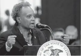  ?? ANTONIO PEREZ/CHICAGO TRIBUNE ?? In a statement, Chicago Mayor Lori Lightfoot offered her condolence­s to the families of those who where shot by Rittenhous­e. She said what Rittenhous­e did “was reckless, dangerous, and showed an utter disregard for human life.”