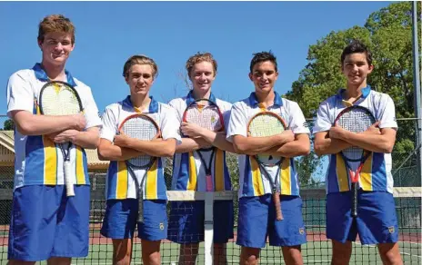  ??  ?? READY TO SERVE: Toowoomba Grammar School students (from left) Nick Elliott, Aaron Palmer, James Bilbrough (captain), Hunter Austin and Mitchell Dight will represent the school at this month’s Queensland School Tennis Championsh­ips in Rockhampto­n.