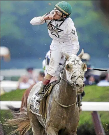  ?? PETER MORGAN - THE ASSOCIATED PRESS ?? Jockey Irad Ortiz Jr., riding Creator, celebrates after winning the 148th running of the Belmont Stakes on June 11 in Elmont.