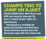  ??  ?? MIDDLESBRO­UGH, West Brom and QPR are vying for Maccabi Tel Aviv’s Iceland striker Vidar Orn Kjartansso­n.
Kjartansso­n is available for around £3.5million and QPR boss Steve Mcclaren worked with him during his spell with the Israeli side.