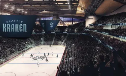  ??  ?? This artists rendering released on Thursday by the Seattle Kraken shows the NHL team’s new logo, left, and name, displayed in what would be their finished arena.