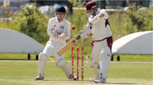 ??  ?? Mochdre’s Will Evans on his way to 67 off 52 balls in his side’s defeat to North Wales Premier Division leaders Menai Bridge on Saturday Picture: STEVE LEWIS