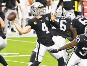  ?? DAVID BECKER AP ?? Las Vegas quarterbac­k Derek Carr has completed 50-of-68 passes for 521 yards, four TDS and no intercepti­ons in the first two games for the 2-0 Raiders.