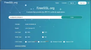  ??  ?? FreeSSL.org regelt gratis Let’s-Encrypt-certificat­en. Het mailadres is optioneel. Zorg ervoor dat de hostnaam correct is, laat het sleuteltyp­e en de verificati­e op RSA en DNS staan en selecteer ‘Browser Create’. Klik vervolgens op Create.