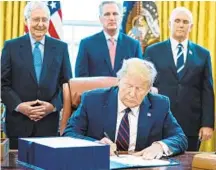  ?? ERIN SCHAFF-POOL/GETTY ?? President Trump signs the $2.2 trillion coronaviru­s aid package Friday. Democrats were excluded from the event.