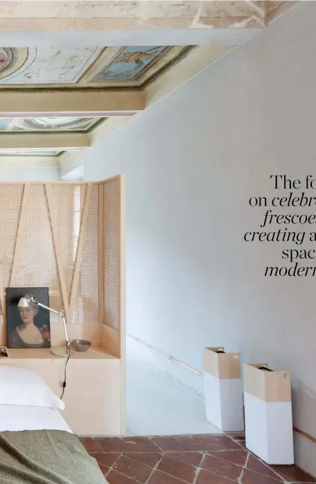  ??  ?? Bedroom Beyond the bespoke birch partition are a double bed and two floor lamps, all designed by Archiplan. The finish on the walls in this space was uncovered during renovation work and has been preserved alongside the artworks
See Stockists page for details