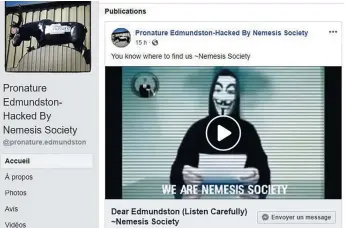  ??  ?? La page Facebook de Pronature Edmundston a été piratée. - Gracieuset­é