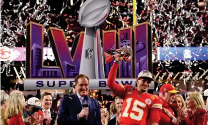  ?? Photograph: John Locher/AP ?? The Kansas City Chiefs quarterbac­k Patrick Mahomes celebrates after Super Bowl LVIII, the most-watched TV program in history.