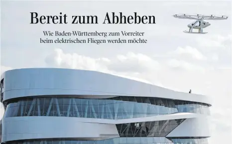  ?? FOTO: MARIJAN MURAT/DPA ?? Im September präsentier­te das Bruchsaler Unternehme­n Volocopter sein elektrisch angetriebe­nes Vehikel mit einem Probeflug über das Mercedes-Benz-Museum in Stuttgart. Schon 2023 könnten die Flugtaxis als Transportm­öglichkeit in Städten zum Einsatz kommen.