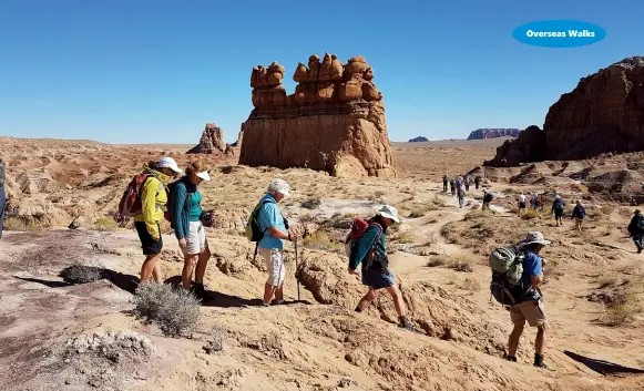  ??  ?? Above left: The group enjoying a walk in a national park. Below: Another time to jump, this time under an arch.